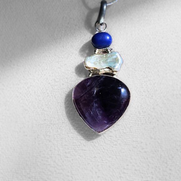 Natural Lapis Keshi Pearl & Amethyst ARTISAN Pendant 925 Sterling Silver Chain - Picture 1 of 8